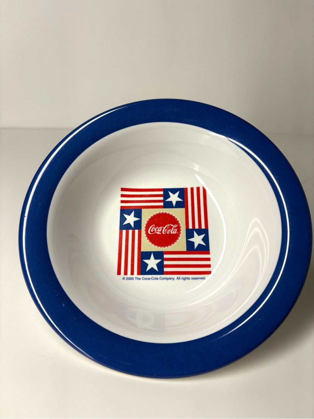 Coca Cola Red, White & Blue Ceramic Bowl with Bold Blue Rim
